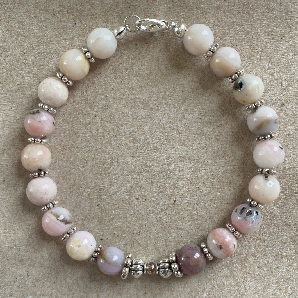 Genuine 8mm Pink Opal And Silver Tone Accents Bracelet 7.5 Inches